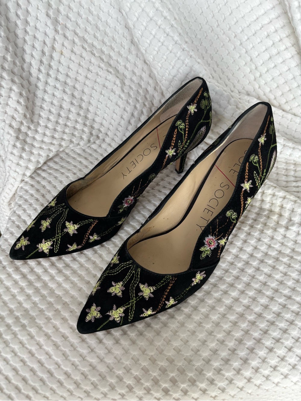 Sole Society Black Floral Embroidered Pointed Toe Heels